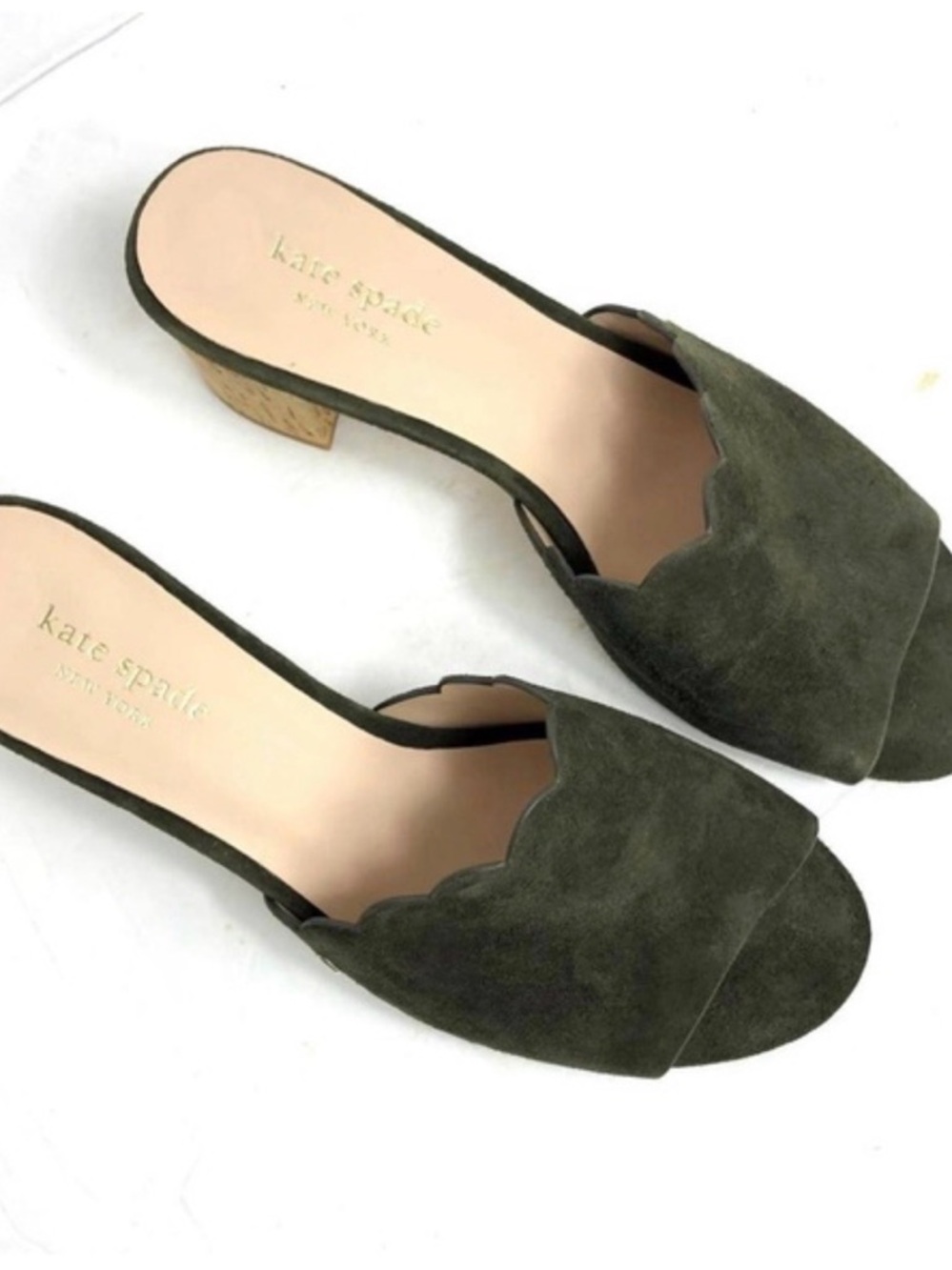 kate spade Olive Green Suede Scallop Mules